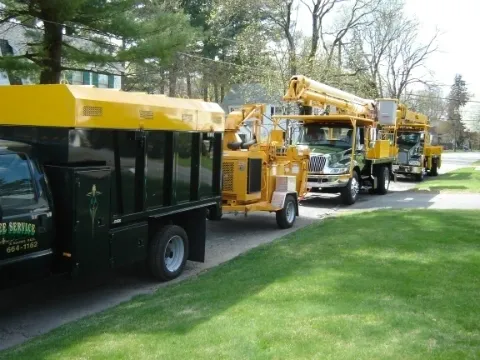 A group of trucks parked on the side of a road.